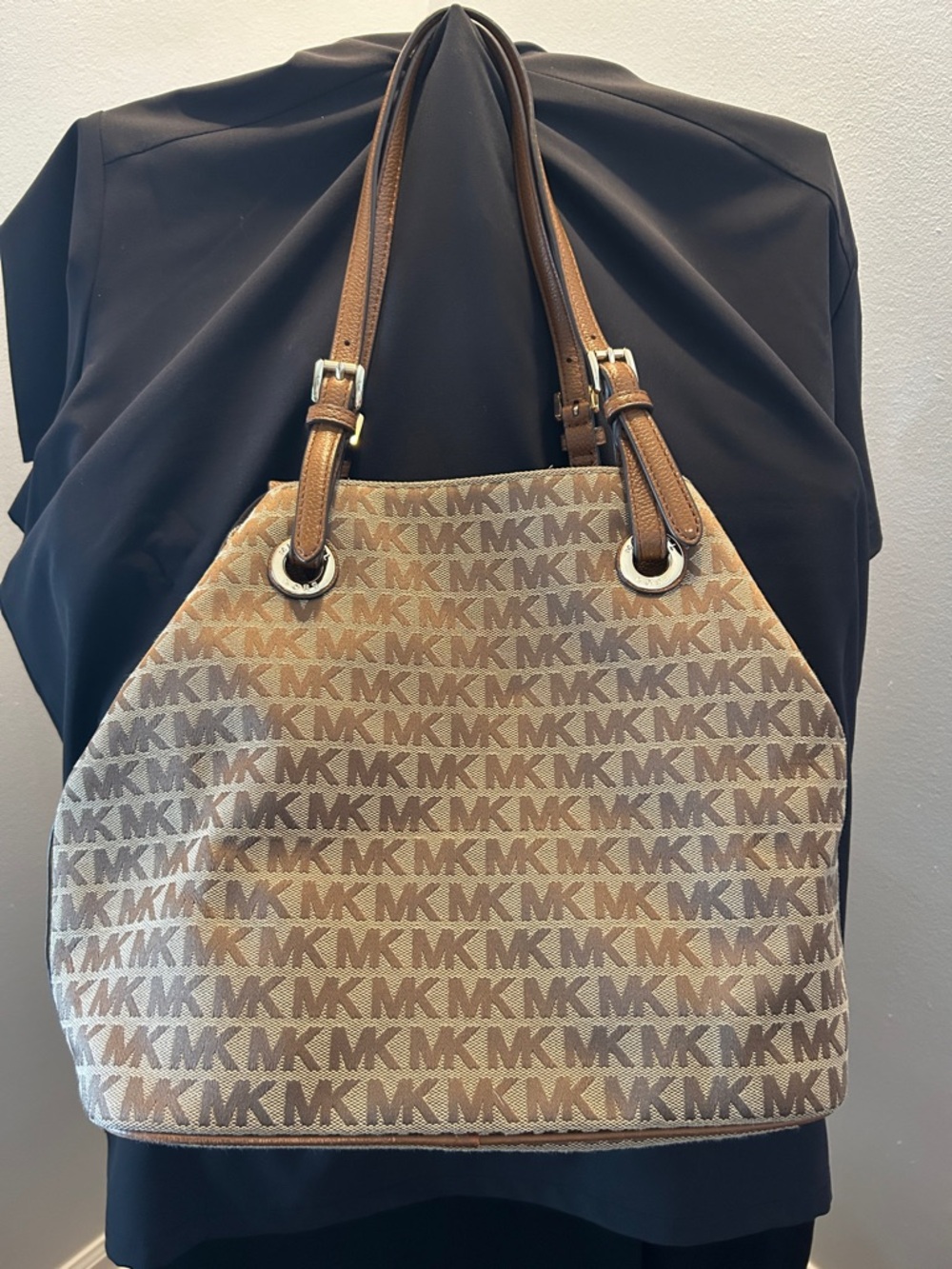 Michael Kors Tan and Brown MK Signature Shoulder Bag and matching button wallet